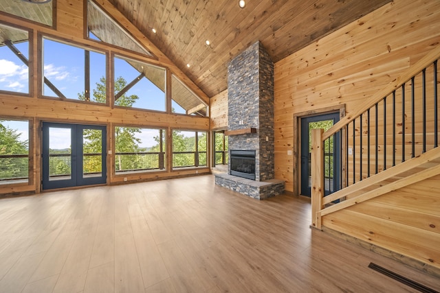 unfurnished living room with a fireplace, hardwood / wood-style flooring, high vaulted ceiling, and wooden ceiling