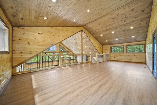 bonus room with hardwood / wood-style floors, a wealth of natural light, wooden ceiling, and wooden walls