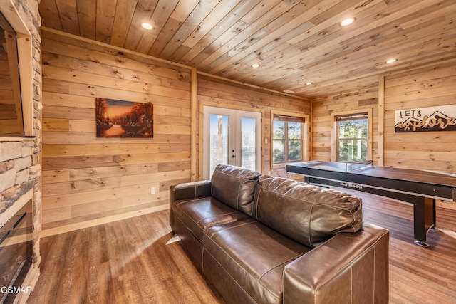 2862 Indigo Ln, Sevierville, TN 37862 - game room with wooden ceiling, recessed lighting, french doors, wood finished floors, and wood walls