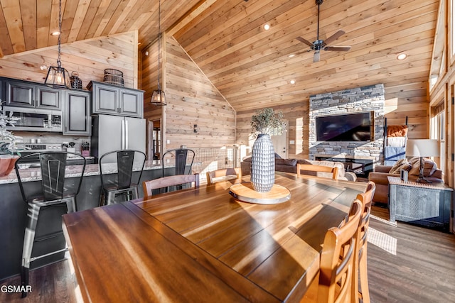 2862 Indigo Ln, Sevierville, TN 37862 - dining space featuring wood ceiling, high vaulted ceiling, wooden walls, dark wood-type flooring, and a ceiling fan