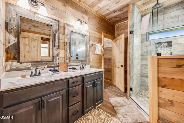 2862 Indigo Ln, Sevierville, TN 37862 - full bath with a stall shower, wood walls, wooden ceiling, wood finished floors, and double vanity