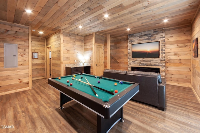 2862 Indigo Ln, Sevierville, TN 37862 - playroom with wood ceiling, electric panel, billiards table, wood finished floors, and wood walls