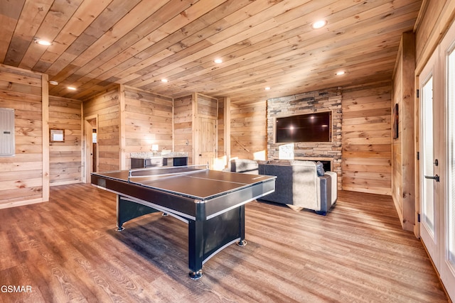 2862 Indigo Ln, Sevierville, TN 37862 - recreation room featuring wood ceiling, wood finished floors, wood walls, recessed lighting, and electric panel