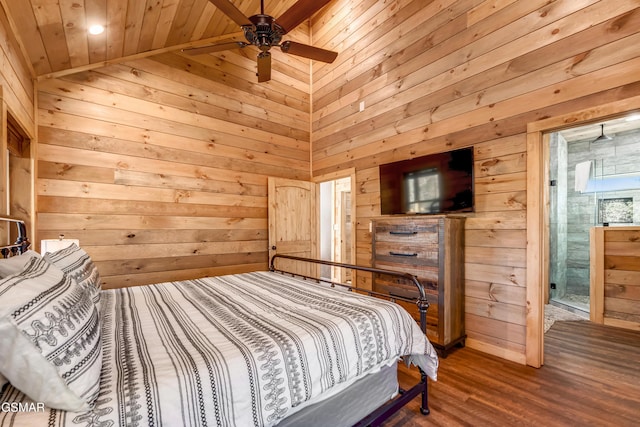 2862 Indigo Ln, Sevierville, TN 37862 - bedroom featuring wood walls, wood ceiling, wood finished floors, vaulted ceiling, and ceiling fan