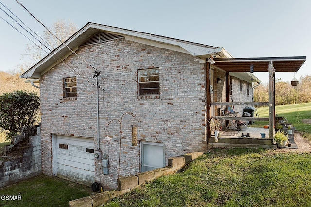 view of property exterior featuring a lawn and a garage