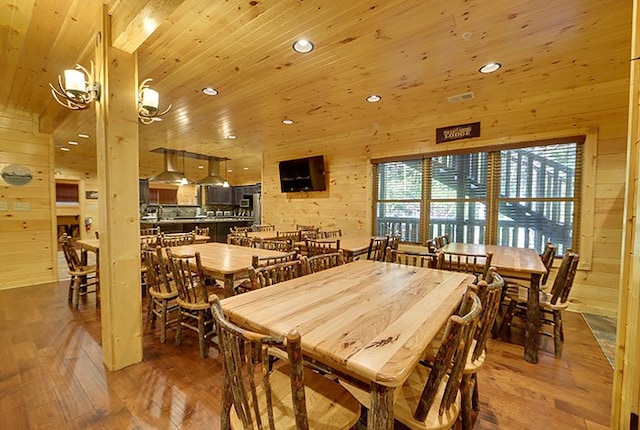 dining area with wood-type flooring, wooden walls, and wooden ceiling