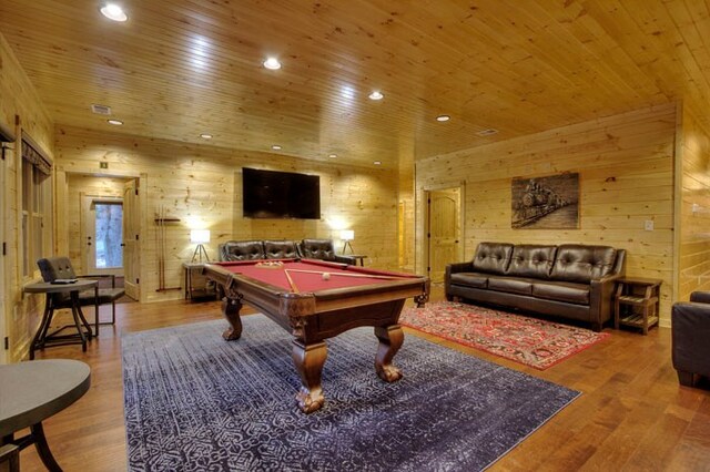 playroom with wooden walls, hardwood / wood-style floors, wooden ceiling, and billiards