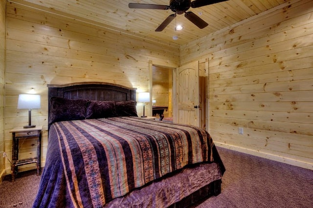 bedroom with carpet floors, ceiling fan, and wood ceiling