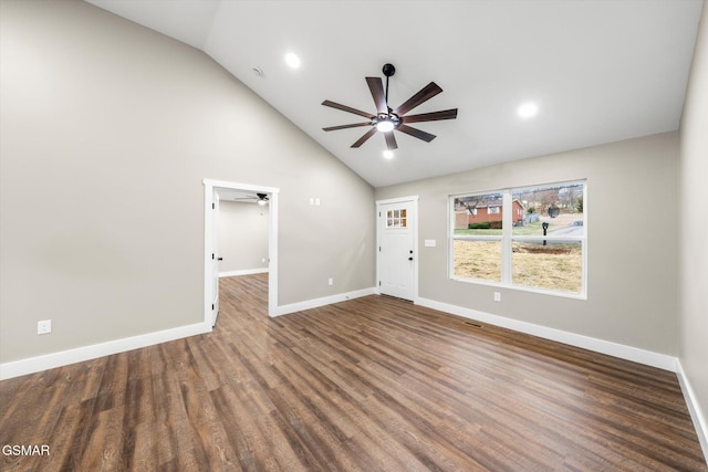 interior space with ceiling fan, baseboards, and wood finished floors