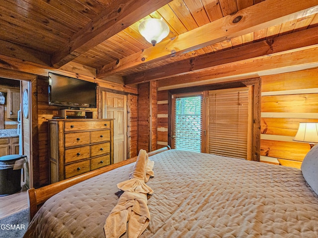 bedroom featuring wooden walls, access to outside, wooden ceiling, wood finished floors, and beamed ceiling