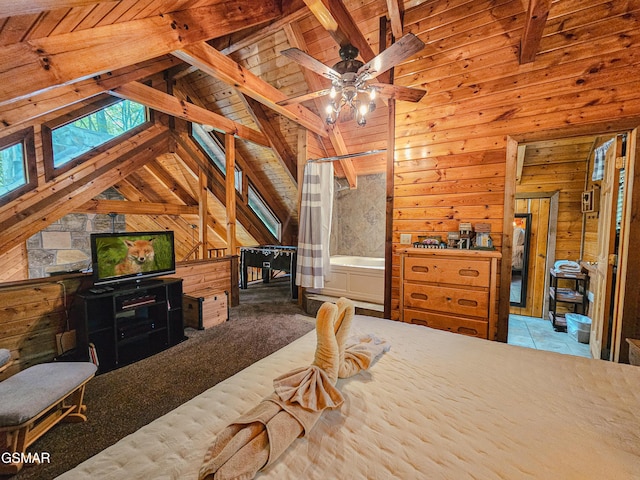 bedroom featuring lofted ceiling with beams, wood ceiling, and wooden walls