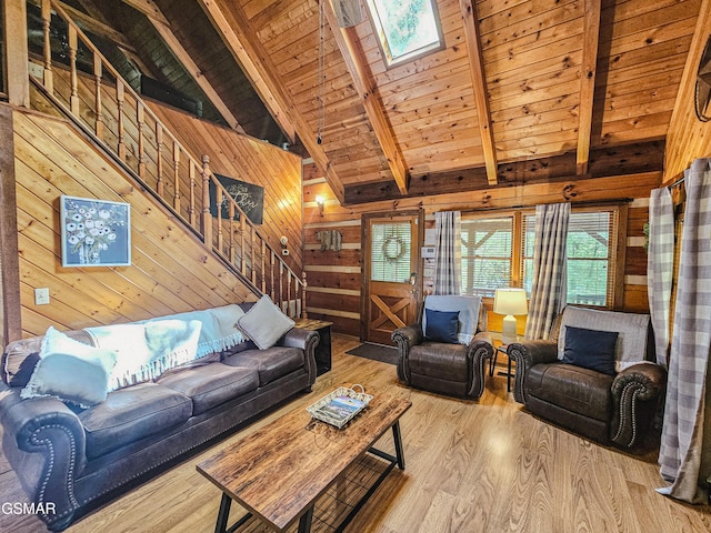 living area with wood finished floors, wood ceiling, stairs, and wooden walls