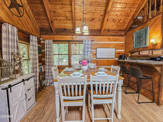 dining space with wood walls, wooden ceiling, lofted ceiling with beams, a chandelier, and light wood-style floors