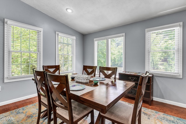 dining area featuring wood finished floors, vaulted ceiling, and a healthy amount of sunlight