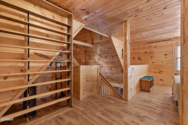 additional living space with hardwood / wood-style flooring, wooden ceiling, and wood walls