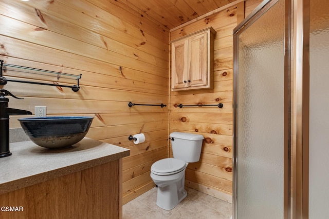 bathroom featuring an enclosed shower, wooden walls, wooden ceiling, tile patterned flooring, and toilet