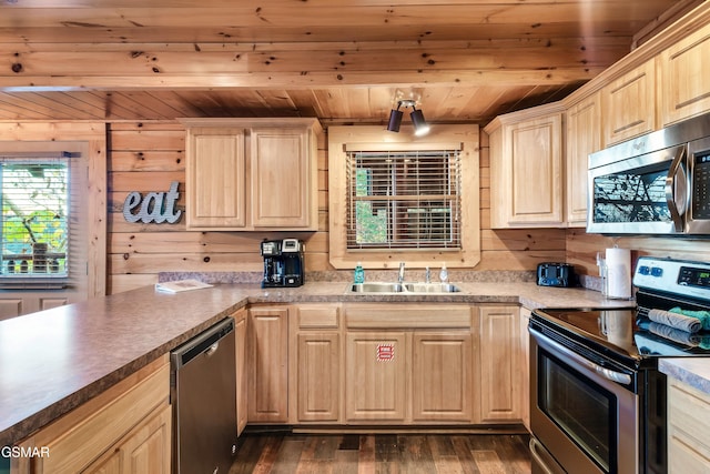 kitchen featuring sink, wooden ceiling, wooden walls, dark hardwood / wood-style flooring, and stainless steel appliances