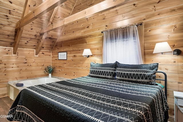 bedroom with wood ceiling and wood walls