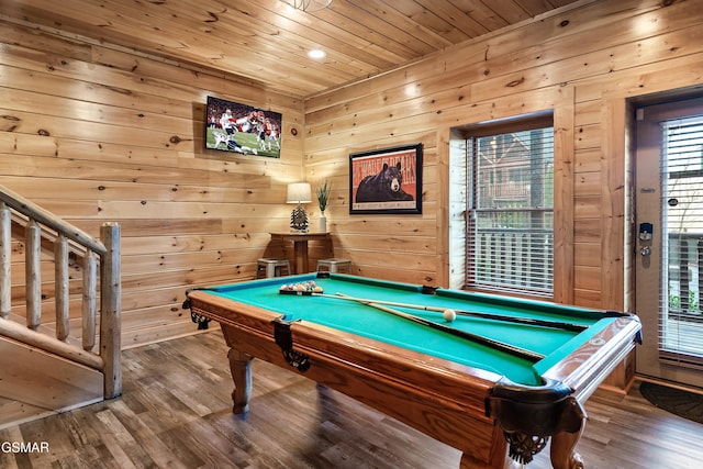 playroom featuring hardwood / wood-style flooring, wood ceiling, wooden walls, and billiards