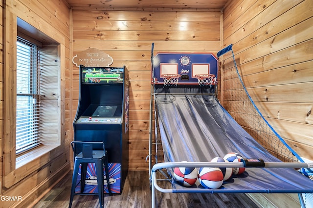 interior space featuring dark hardwood / wood-style flooring and wood walls