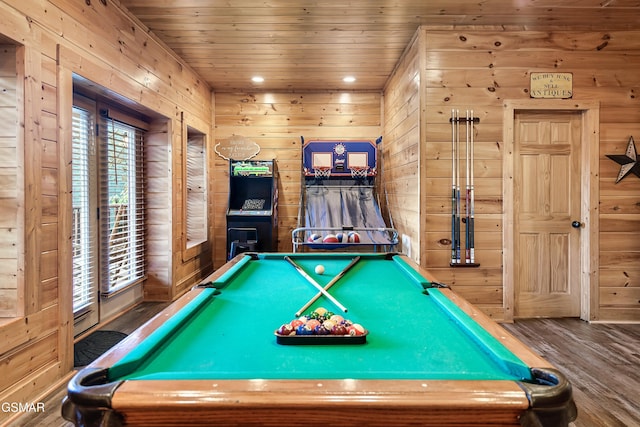 rec room featuring wood ceiling, hardwood / wood-style flooring, wooden walls, and billiards