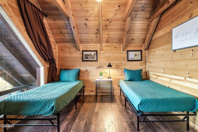 bedroom with wood ceiling, wood-type flooring, and lofted ceiling with beams