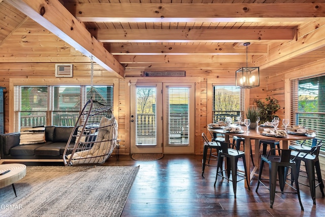 dining area featuring vaulted ceiling with beams, dark hardwood / wood-style floors, wooden ceiling, a chandelier, and wood walls