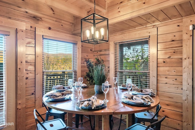 dining room featuring an inviting chandelier, beam ceiling, wooden ceiling, and wood walls