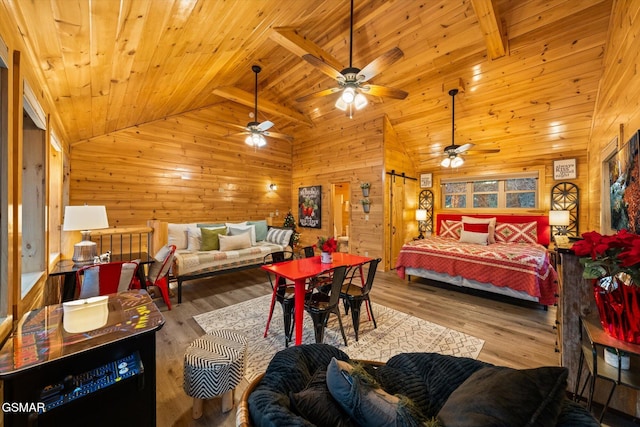 bedroom featuring beamed ceiling, high vaulted ceiling, wood-type flooring, and wood ceiling