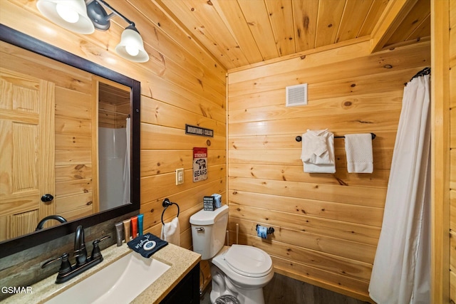 bathroom with vanity, wood walls, toilet, and wood ceiling