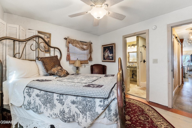 bedroom with ceiling fan and ensuite bathroom