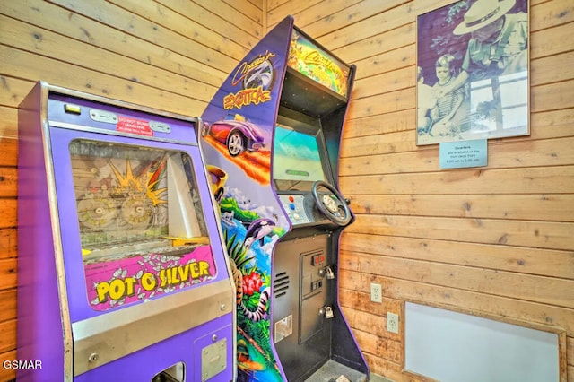 playroom with wooden walls