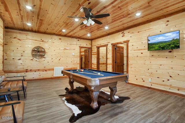 game room featuring ceiling fan, wooden ceiling, wood-type flooring, and pool table