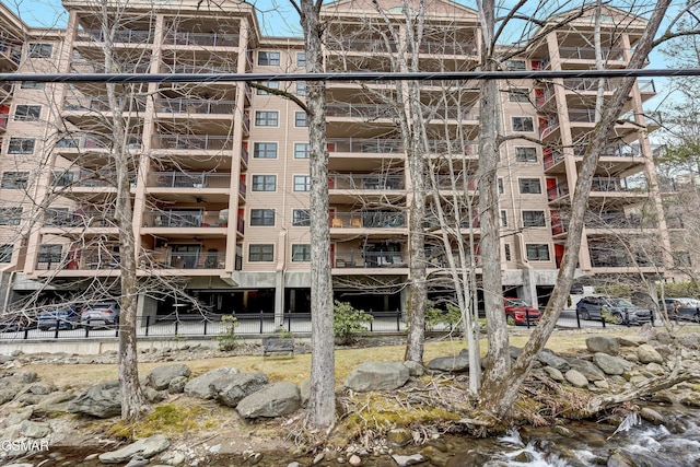 view of building exterior featuring a water view