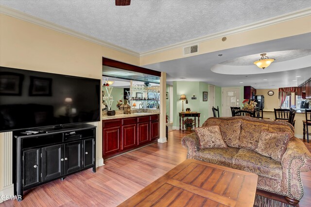 living room featuring sink, crown molding, a textured ceiling, a tray ceiling, and light hardwood / wood-style floors