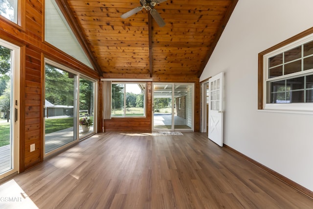 unfurnished sunroom featuring vaulted ceiling with beams, ceiling fan, and wood ceiling