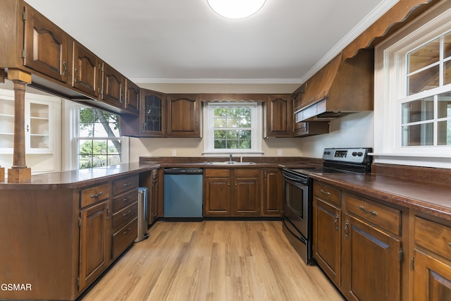 kitchen with black electric range, stainless steel dishwasher, premium range hood, crown molding, and light wood-type flooring