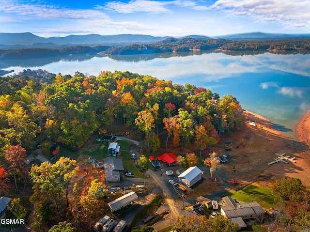 birds eye view of property with a water and mountain view