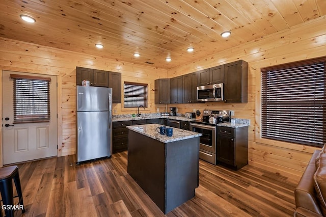 kitchen featuring wood ceiling, stainless steel appliances, dark wood-type flooring, sink, and a kitchen island