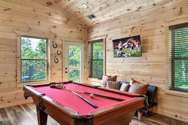 recreation room featuring wood ceiling, vaulted ceiling, wooden walls, wood-type flooring, and pool table