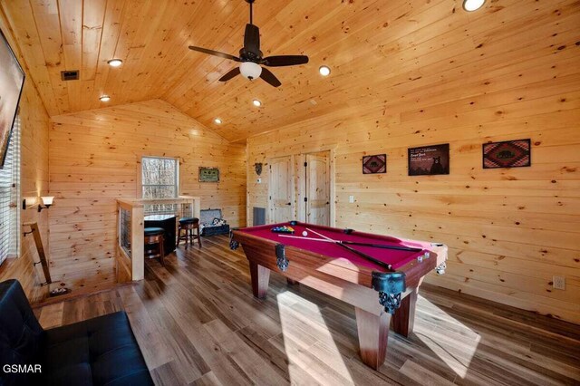 game room featuring wood ceiling, vaulted ceiling, ceiling fan, hardwood / wood-style flooring, and pool table