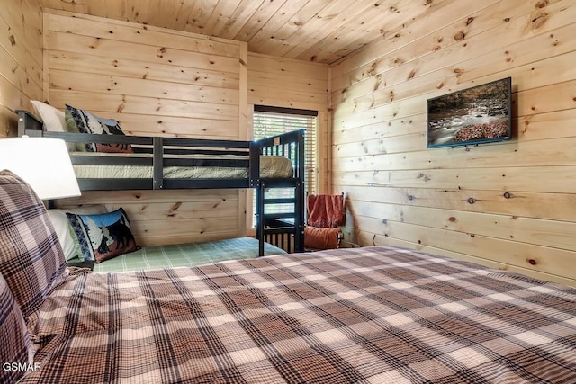 unfurnished bedroom featuring wooden ceiling and wooden walls