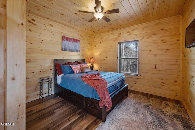 bedroom featuring ceiling fan, wood walls, and wooden ceiling