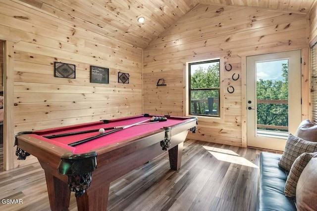 rec room with wooden ceiling, billiards, wood walls, lofted ceiling, and hardwood / wood-style flooring