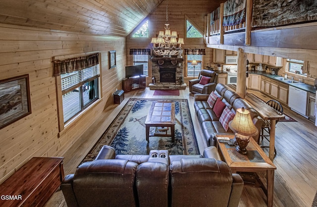 3050 Headrick Dr, Sevierville, TN 37862 - living room with a stone fireplace, wood walls, wooden ceiling, high vaulted ceiling, and wood-type flooring