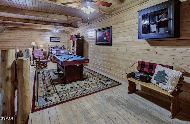 3050 Headrick Dr, Sevierville, TN 37862 - game room featuring beamed ceiling, ceiling fan, wooden walls, pool table, and wooden ceiling