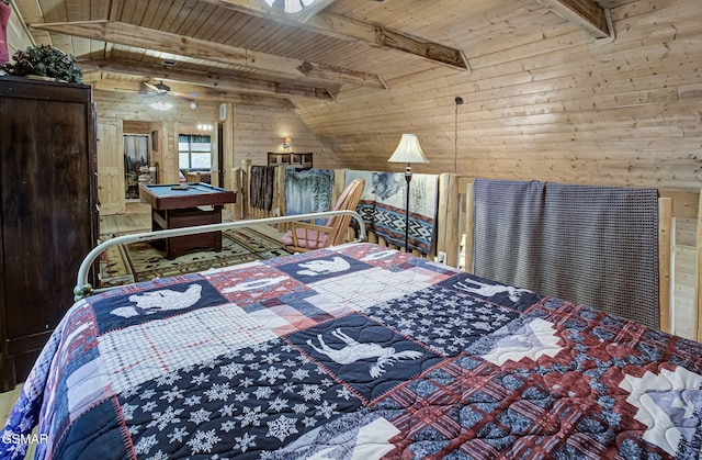 3050 Headrick Dr, Sevierville, TN 37862 - bedroom featuring wood walls, lofted ceiling with beams, pool table, and wooden ceiling