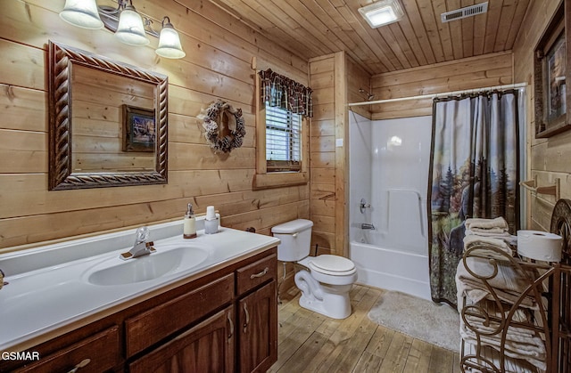 3050 Headrick Dr, Sevierville, TN 37862 - bathroom featuring wood ceiling, visible vents, hardwood / wood-style flooring, wood walls, and toilet