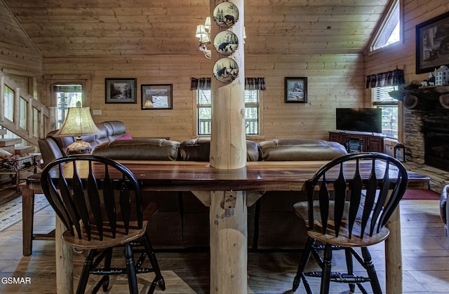 3050 Headrick Dr, Sevierville, TN 37862 - dining room with wood walls, lofted ceiling, wooden ceiling, and hardwood / wood-style flooring