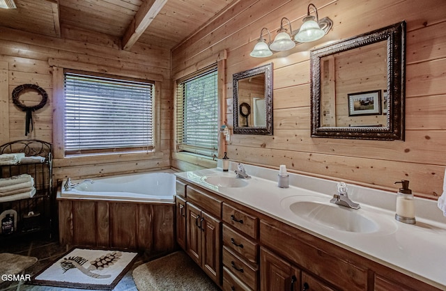 3050 Headrick Dr, Sevierville, TN 37862 - bathroom with wood ceiling, wood walls, a sink, and a bath